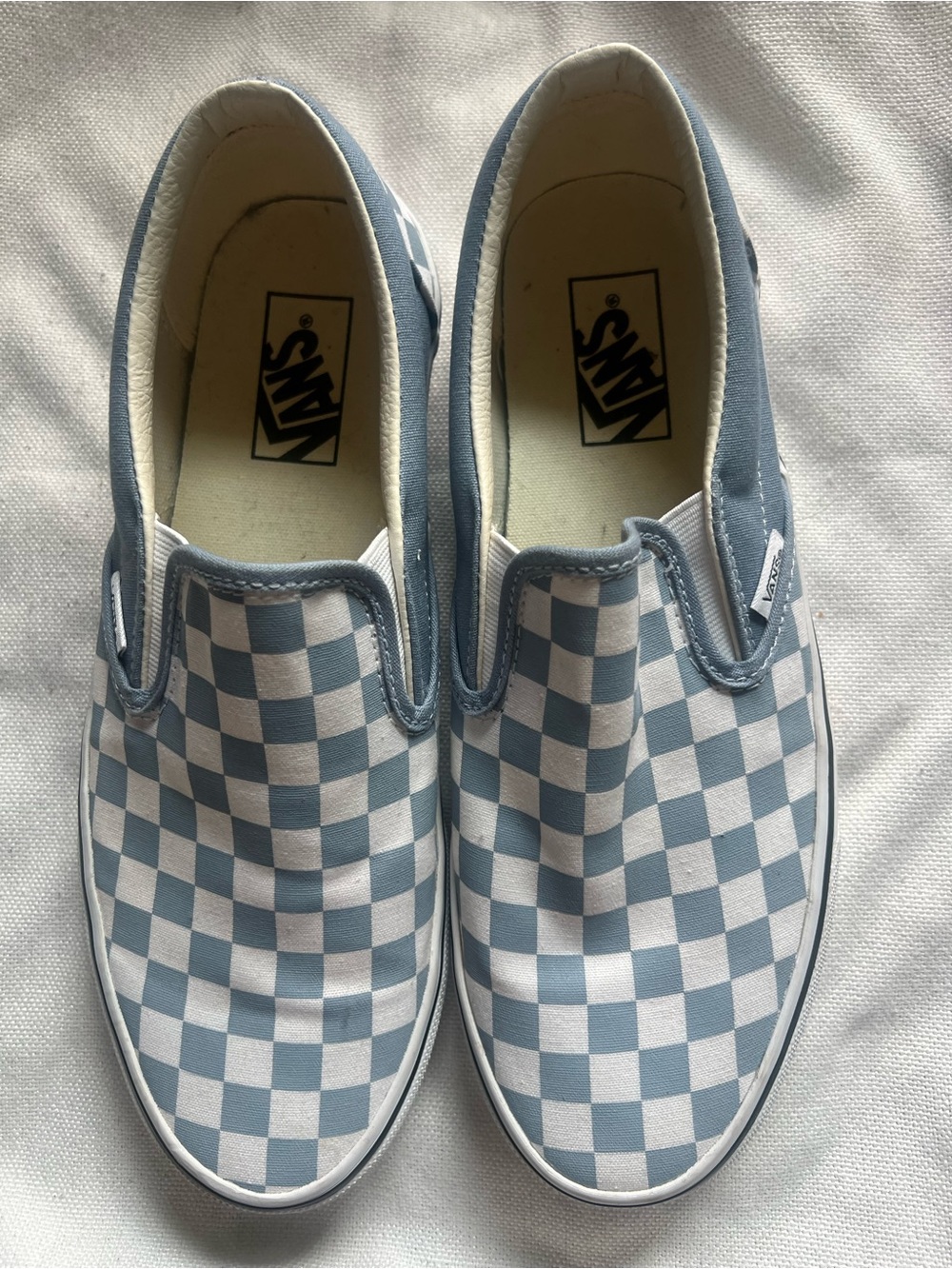 Vans unisex Slip-On Checkerboard Sneakers - Light Blue & White. M-9; W: 10.5.